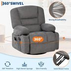 Swivel Rocker Recliner Chair with Heat and Massage, 360° Swivel Vibration Recliner Nursery Glider with Side Pocket and Cup Holders for Living Room, Bedroom, Home Theater Dark Grey