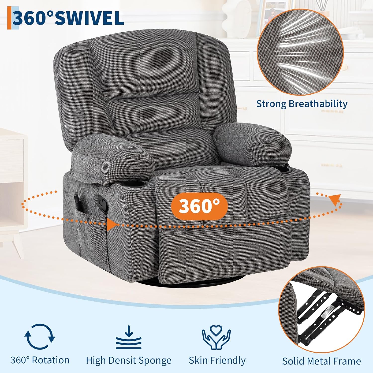 Swivel Rocker Recliner Chair with Heat and Massage, 360° Swivel Vibration Recliner Nursery Glider with Side Pocket and Cup Holders for Living Room, Bedroom, Home Theater Dark Grey