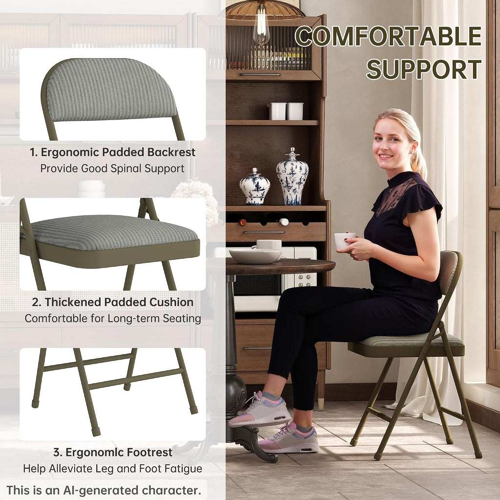 4 Pack Padded Cushion and Back Folding Chairs, Fabric Dining Chair Set with Steel Frame Metal for Home and Office, for Indoor and Outdoor Events, (Fabric Oatmeal Strip)