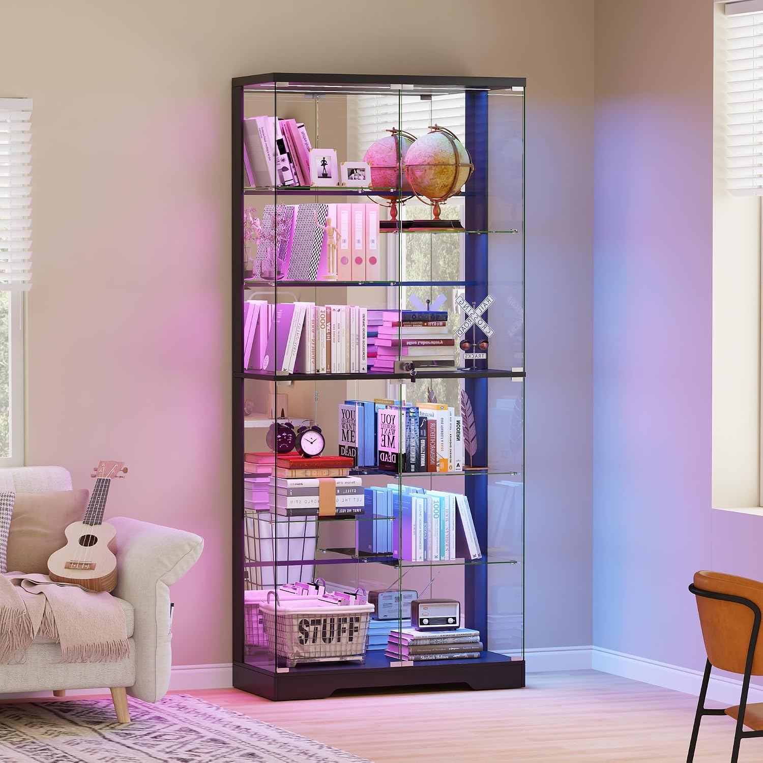 Glass Display Cabinet with RGB Lights,10-Tiers Curio Dispaly Cabinet with Human Body Sensor, Frameless Tall China Cabinets for Collectibles, Locking Showcase Cabinets with Shelf for Living Room
