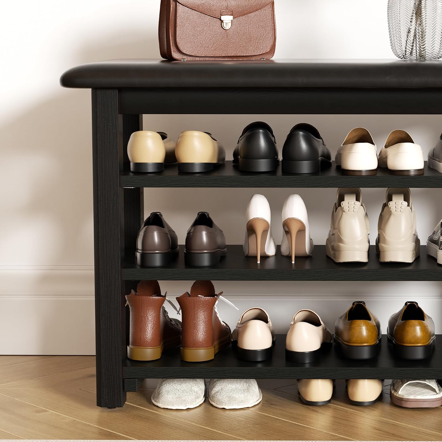 Shoe Rack Bench with Leather Cushion 3-Tier Shoe Rack Organizer for Entryway Hallway or Living Room Farmhouse Rustic Wooden Seat Bench Black 11.8" Dx23.6 Wx20.4 H
