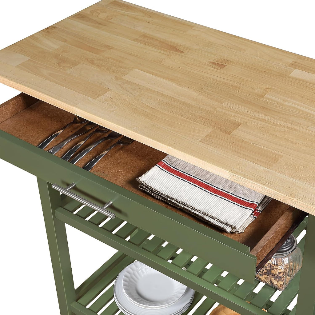 Convenience Concepts Designs2Go 3 Tier Butcher Block Kitchen Prep Island 40" - 3 Tier Modern Cooking Cart with Drawer, Food Serving Station for Kitchen, Dining Room, Dark Green Sage