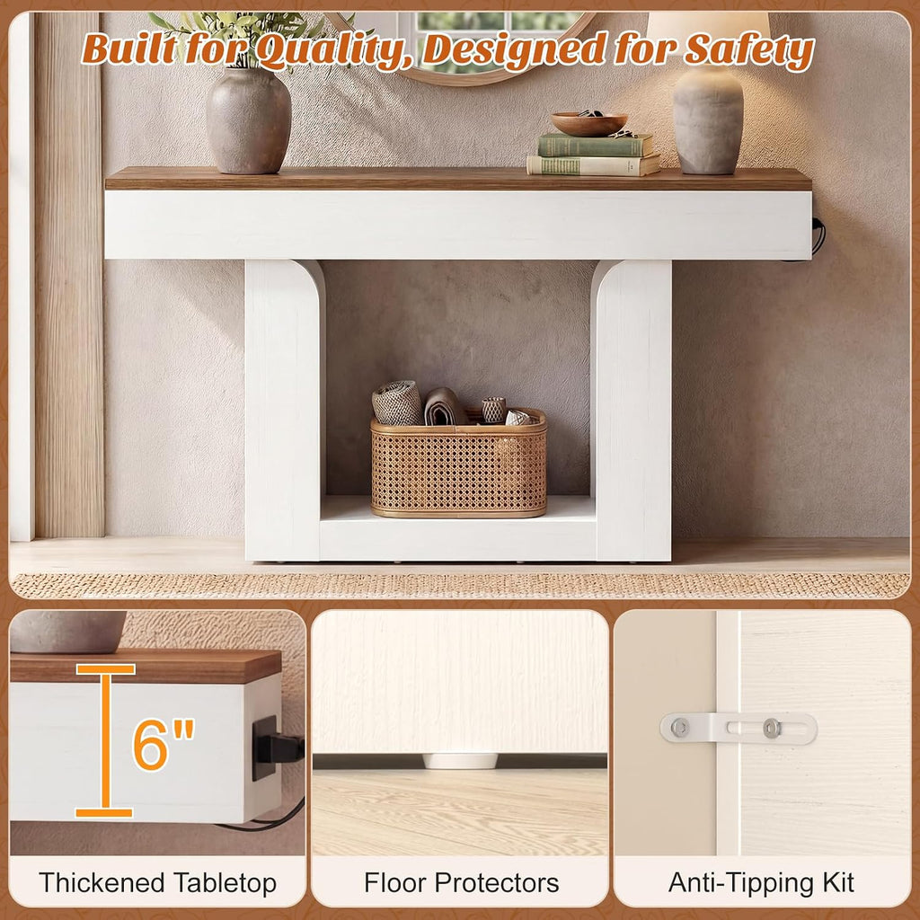 Homieasy Console Table, 47" Entryway Table with LED Lights & Charging Station, Farmhouse Wooden Sofa Table Behind Couch, Narrow Hallway Table for Living Room, Foyer, Entry, Antique White & Brown