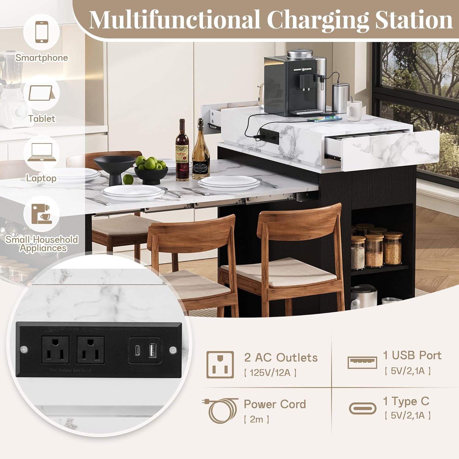 Extendable Dining Table with Storage, Transformer Console Table for 1-4 People, Mobile Rolling Island Table Space Saving Dining Room Table with Built-in Outlet for Homes, Apartments, Black Marble