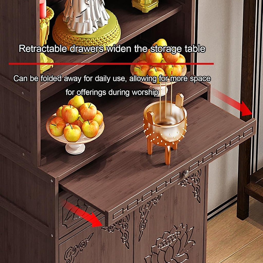 Meditation Table with Storage, Bamboo Buddhist Altar Cabinet, Personal Shrine Altar Table, Chinese Pooja Prayer Cabinet, for Living Room, Bedroom, Office(70cm/27.5in)