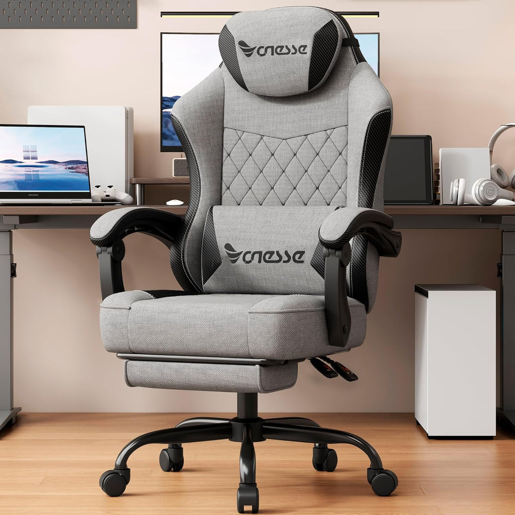 Vonesse Gaming Chair, Office Chair with Linen Breathable Mesh Fabric, Desk Chair with Adjustable Lumbar Support, Executive Computer Chairs with Footrest and Headrest (Gray)