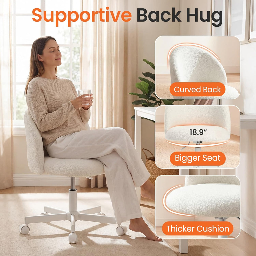NEO CHAIR Office Vanity Chair with Wheels Comfy Desk Chair for Girls Cute Computer Small Armless Adjustable Height Swivel for Home Bedroom Task (White)