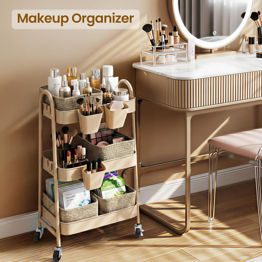 3-Tier Rolling Utility Cart with 4 Woven Baskets, Diaper Book Snack Cart, Storage Organizer for Nursery, Kitchen, Craft Room, Home SPA, Living Room, Metal Frame Trolley on Lockable Wheels, Brown