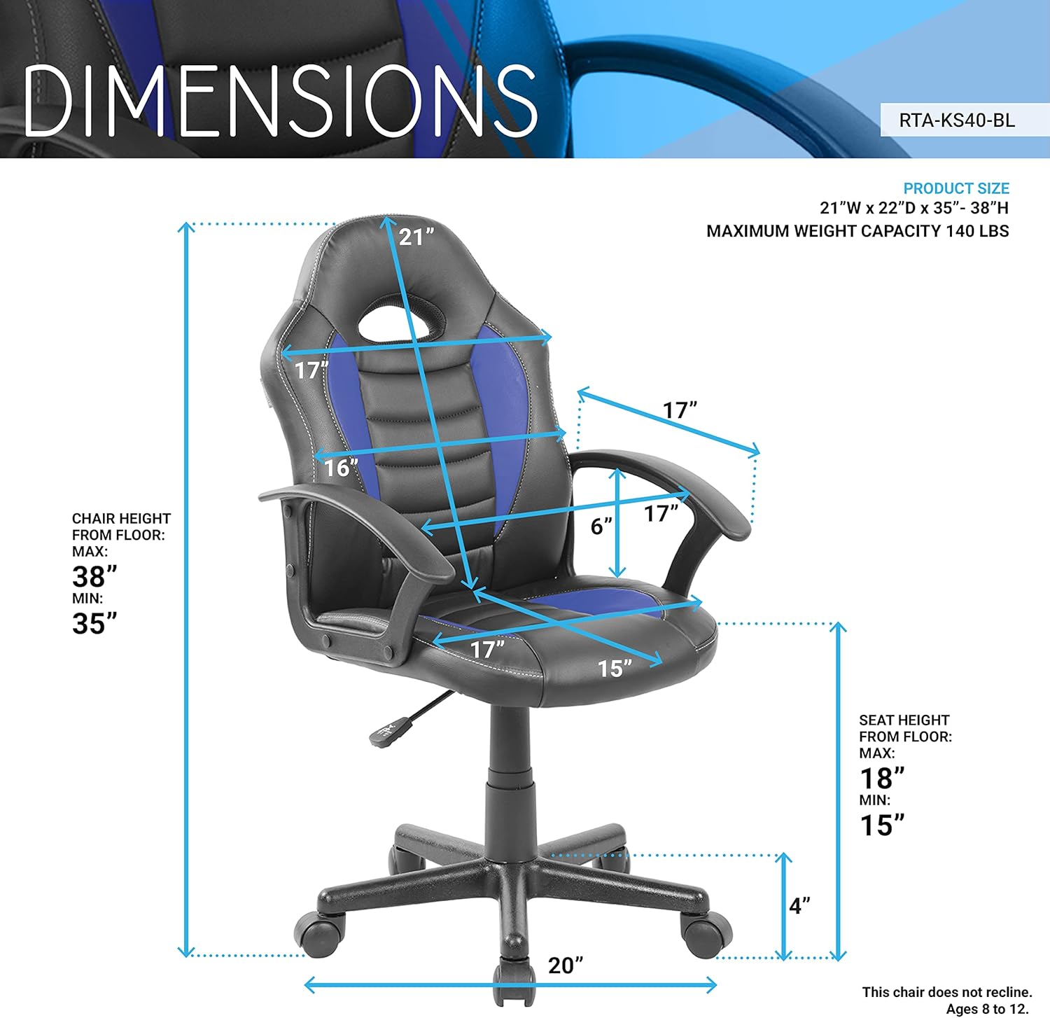 Techni Mobili Kid's Gaming and Student Racer Chair with Wheels, Resemblance of a sport's car interior, Polypropylene, Blue