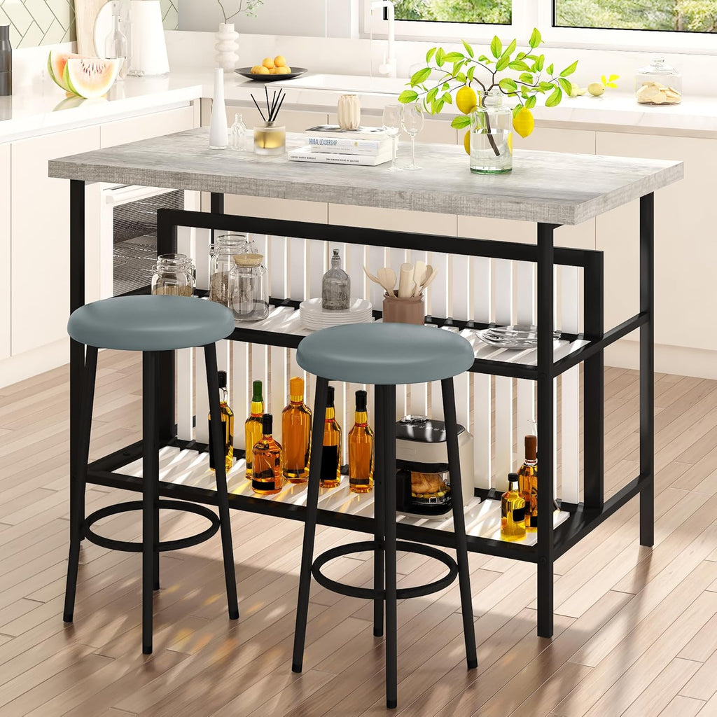 Lamerge 3 Piece Bar Table and Chairs Set, Industrial Bar Table Set with Storage Shelves,Marble Counter Height Island with 2 Bar Stools,Modern Pub Island for Kitchen,Grey