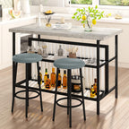 Lamerge 3 Piece Bar Table and Chairs Set, Industrial Bar Table Set with Storage Shelves,Marble Counter Height Island with 2 Bar Stools,Modern Pub Island for Kitchen,Grey