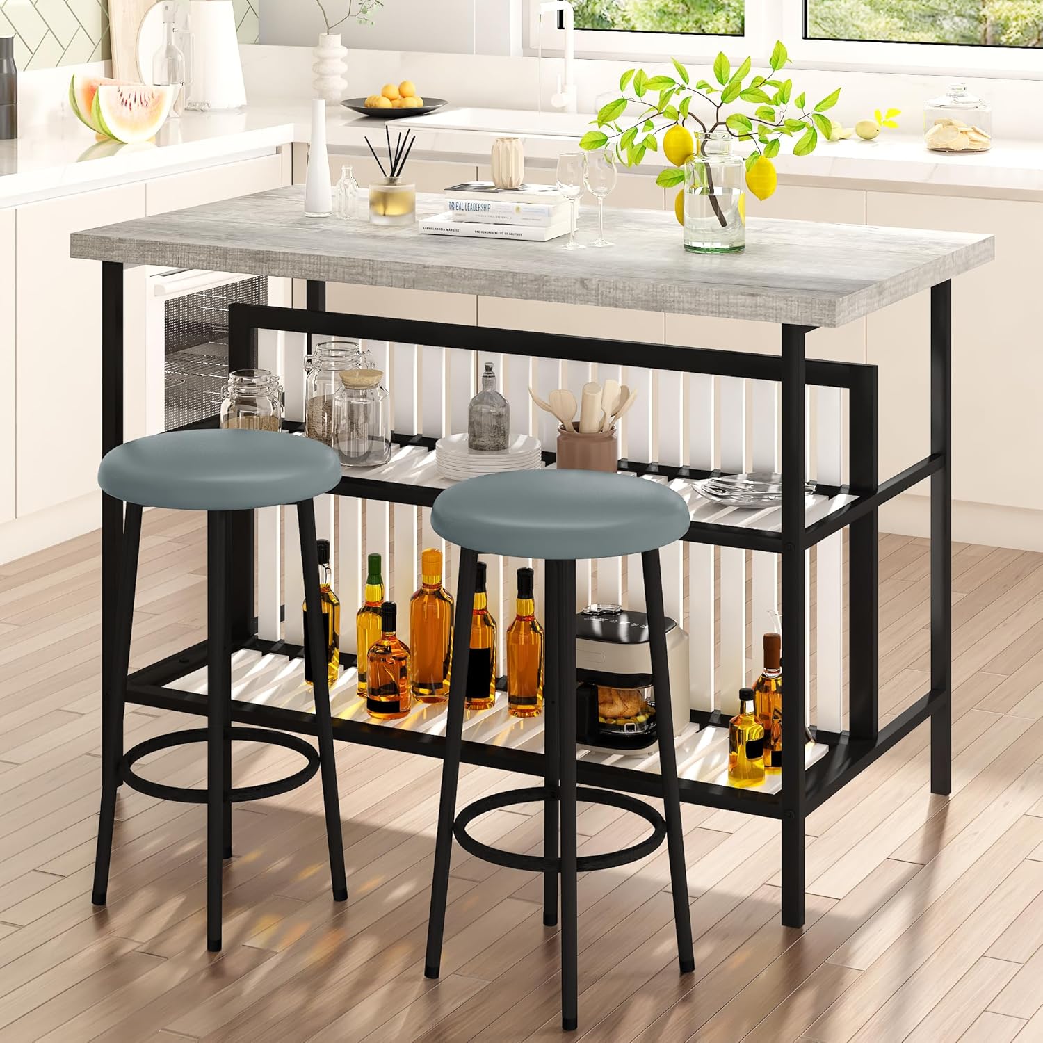 Lamerge 3 Piece Bar Table and Chairs Set, Industrial Bar Table Set with Storage Shelves,Marble Counter Height Island with 2 Bar Stools,Modern Pub Island for Kitchen,Grey