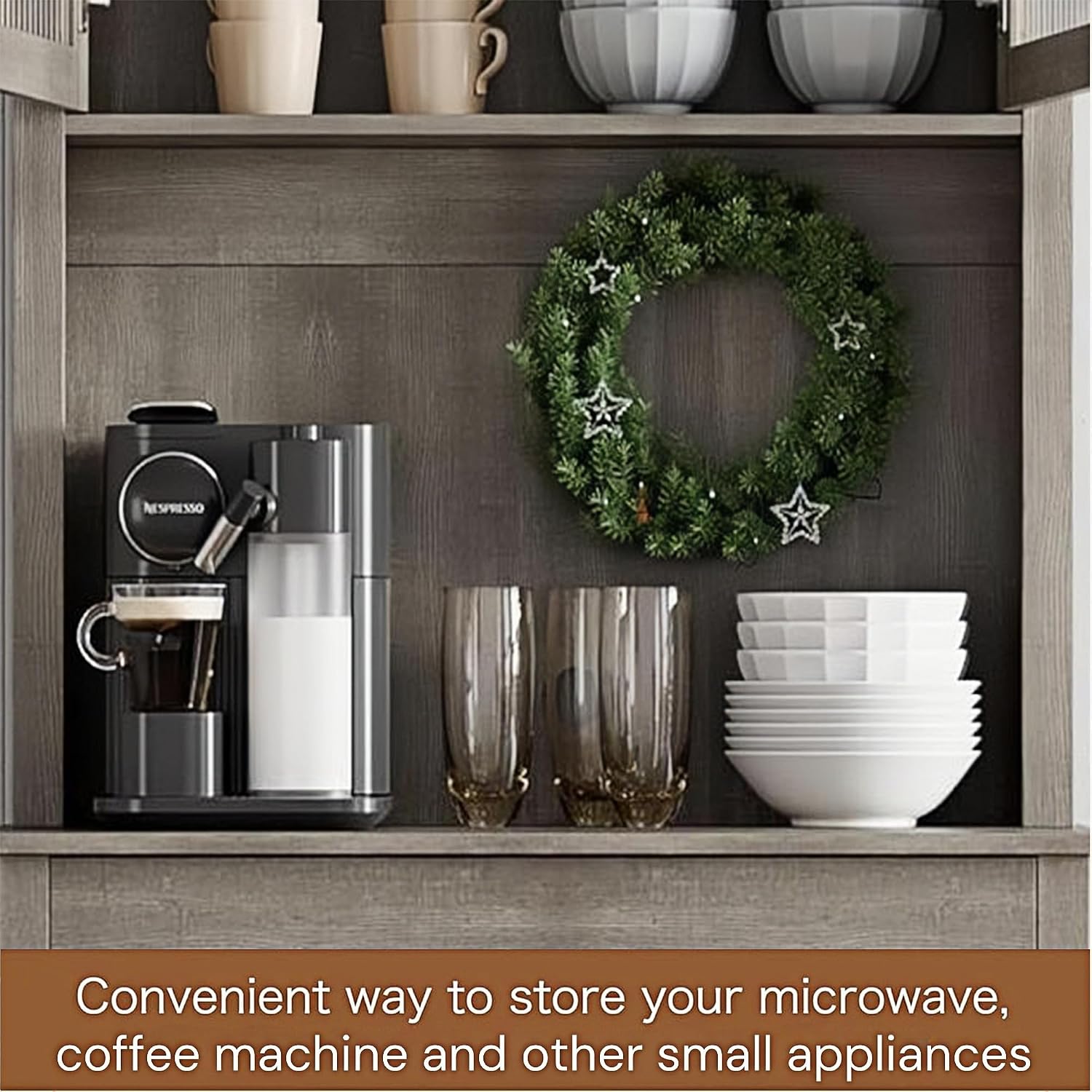 71” Kitchen Pantry Storage Cabinet with Glass Doors and Microwave Stand, Freestanding Tall Kitchen Cabinet with Adjustable Shelves for Dining Room, Grey