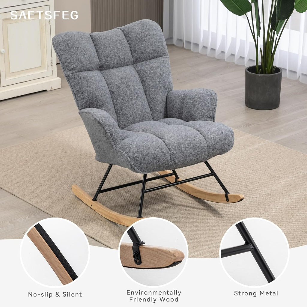 SAETSFEG Rocking Chair Nursery Teddy Upholstered Glider Rocker Rocking Accent Chair Padded Seat with High Backrest Armchair Comfy Side Chair for Living Room Bedroom Offices (Darkgrey Teddy)