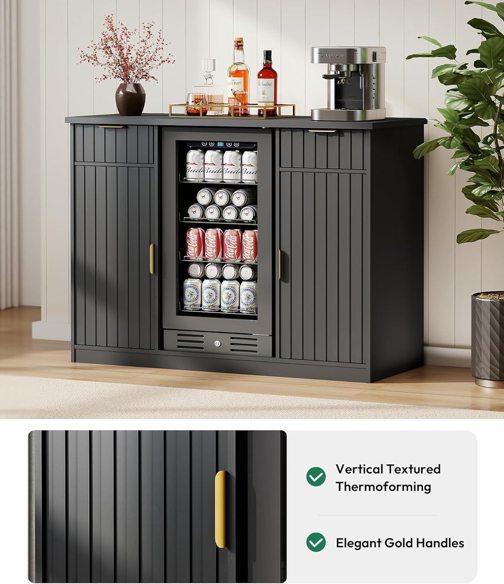 Lamtor Coffee Bar Cabinet with Storage - 53" Mini Fridge Cabinet with Power Outlet, Fluted Wine Bar with Drawer & Door Storage for Kitchen Dining Room, Black