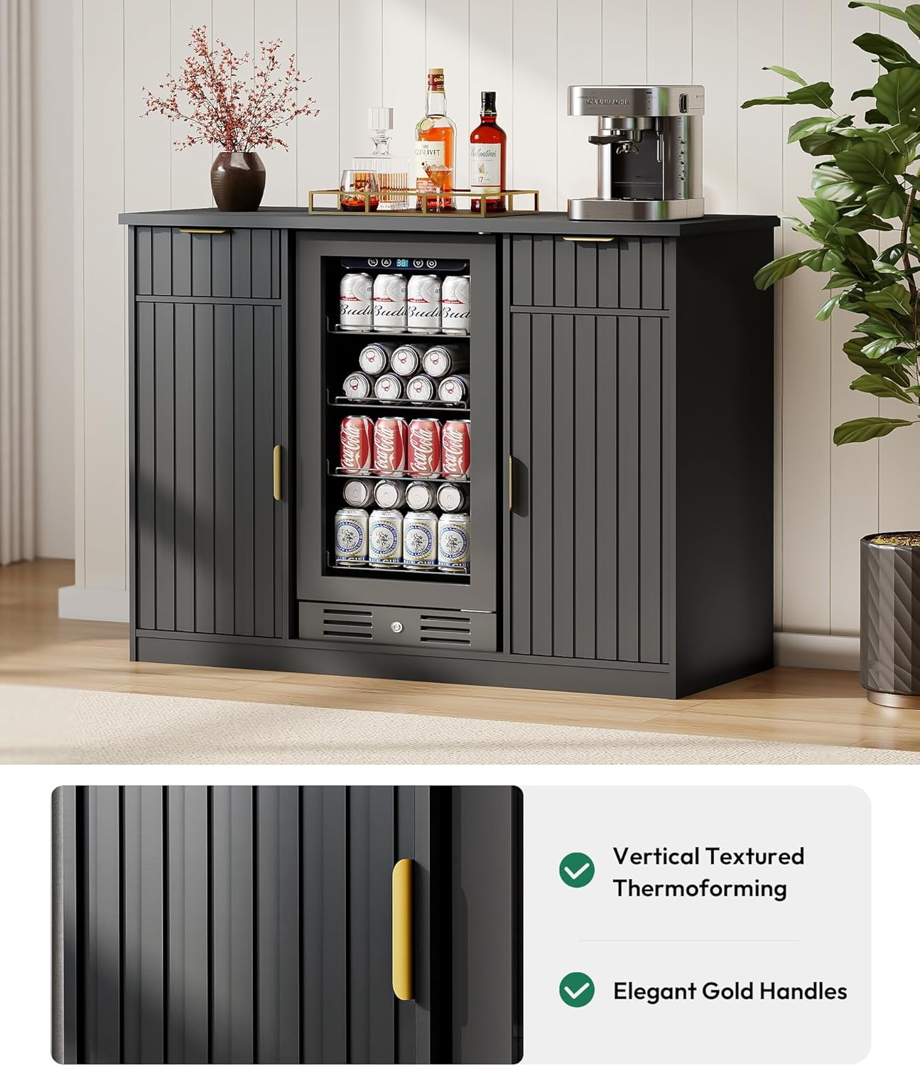 Lamtor Coffee Bar Cabinet with Storage - 53" Mini Fridge Cabinet with Power Outlet, Fluted Wine Bar with Drawer & Door Storage for Kitchen Dining Room, Black
