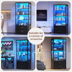 FREDEES Display Cabinet with Glass Doors,67" Adjustable Display Shelf with 2 Drawers and 4 Tier Curio Cabinet,Tall Bookcase with 3 Color Lights and Human Body Sensor for Toys,Books（Black）