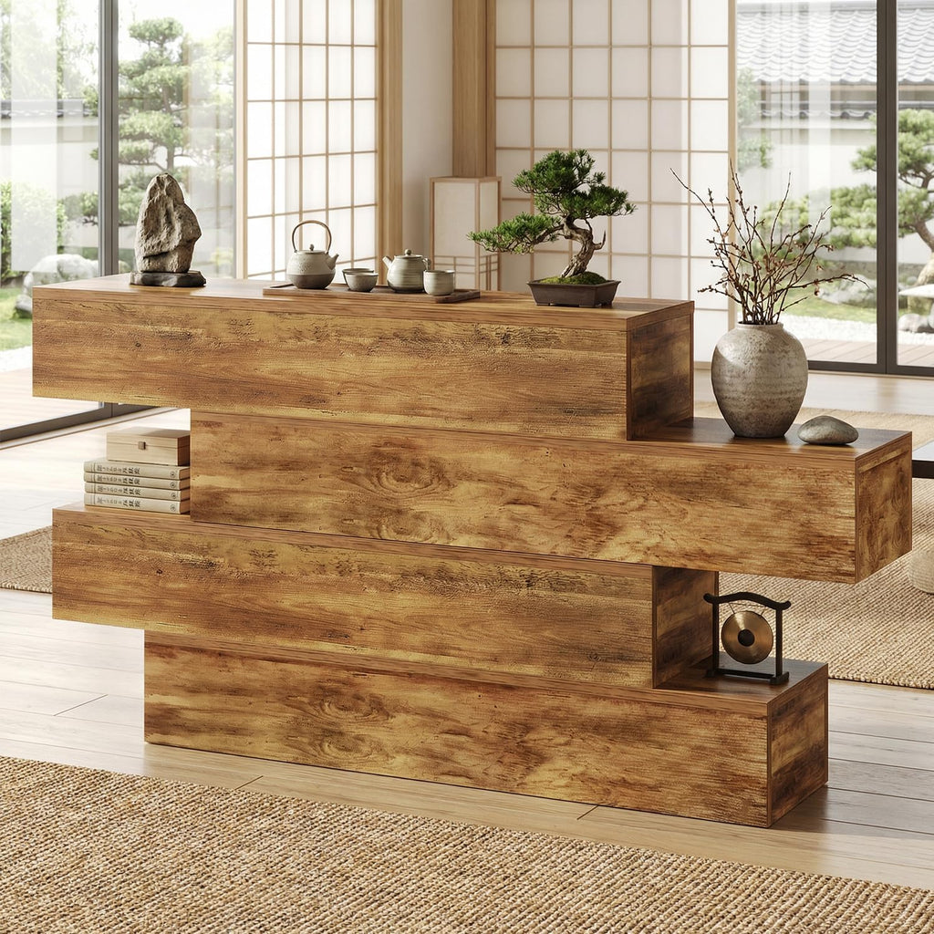 knoworld 63 Inch Farmhouse Console Table with 4 Tier Storage, Rustic Wooden Sofa Table Behind Couch, Unique Staggered Entryway Table for Living Room, Long Hallway Foyer Table, Walnut