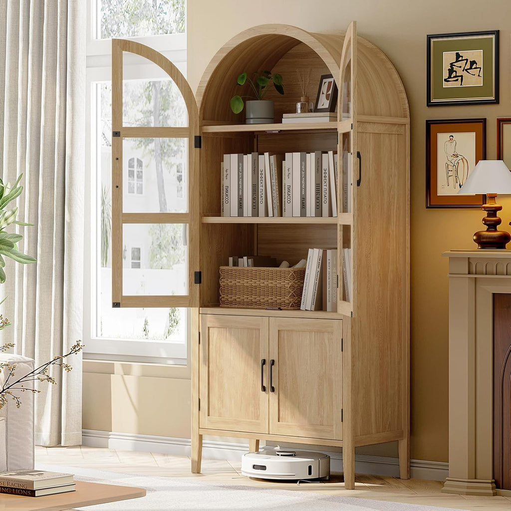 ONBRILL 71" Tall Arched Cabinet, 5-Tier Arched Kitchen Pantry with Glass Doors & Shelves, Modern Display Storage Cabinets with Adjustable Feet, Wooden Pantry Cabinet for Living Room, Dining Room