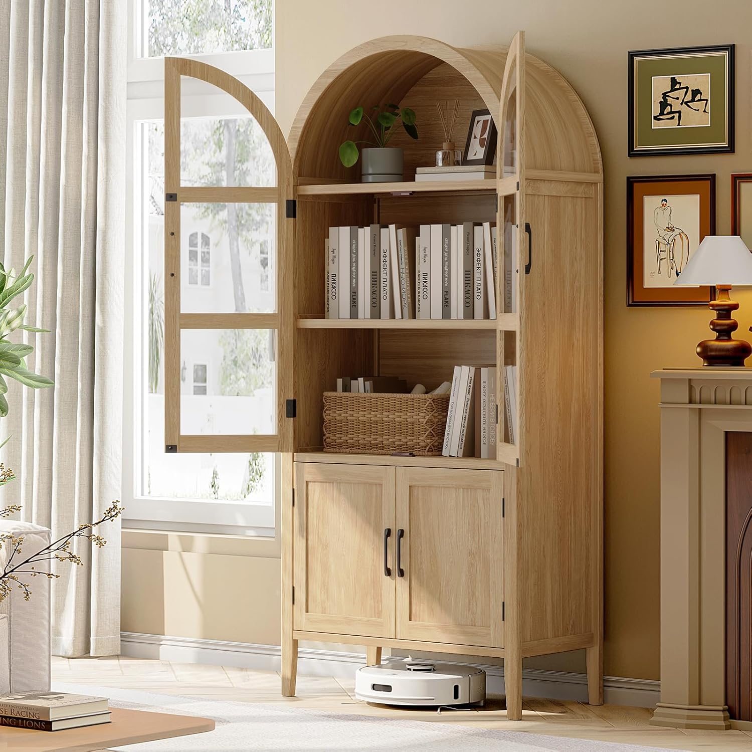 ONBRILL 71" Tall Arched Cabinet, 5-Tier Arched Kitchen Pantry with Glass Doors & Shelves, Modern Display Storage Cabinets with Adjustable Feet, Wooden Pantry Cabinet for Living Room, Dining Room