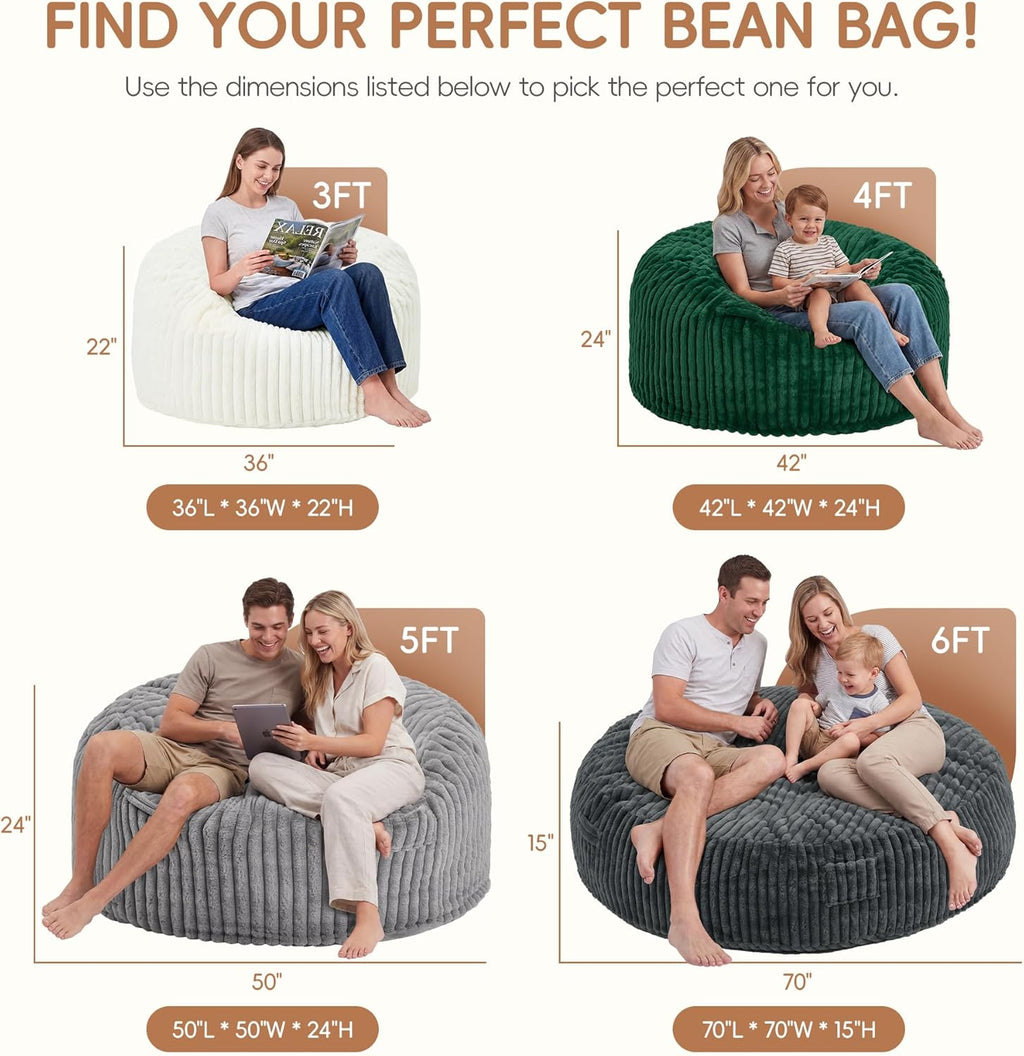 fond + found 3FT Bean Bag Chair Bean Bag Chairs for Adults with Memory Foam Removable Cover Stripe Plush, Adult Bean Bag Chairs for Living Room Bedroom Gaming Dorm Office-Dark Grey(36” x 36” x 22”)