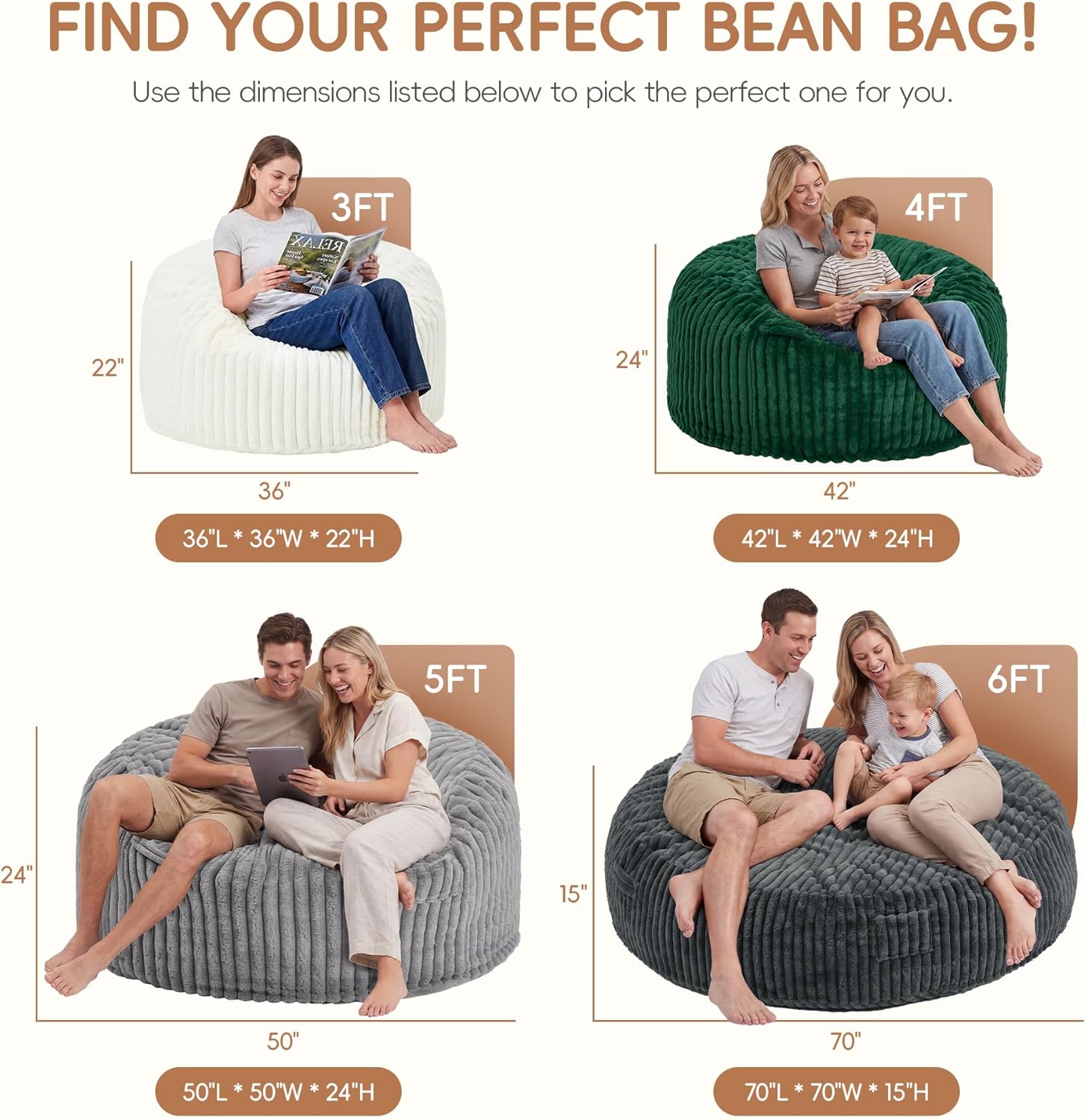 fond + found 3FT Bean Bag Chair Bean Bag Chairs for Adults with Memory Foam Removable Cover Stripe Plush, Adult Bean Bag Chairs for Living Room Bedroom Gaming Dorm Office-Dark Grey(36” x 36” x 22”)