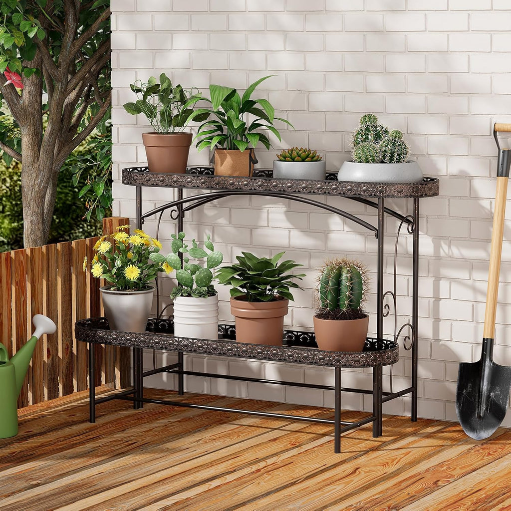 Plant Stand Outdoor Indoor 2 Tier Metal Pland Stand, Detachable Heavy Duty Tall Plant Shelf Rack Flower Pot Holder for Patio Garden Balcony Living Room, Distressed Vintage Black