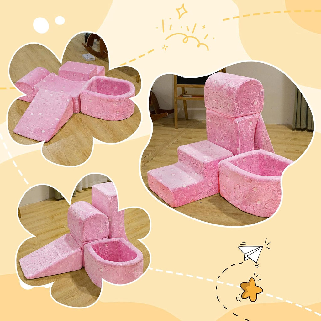 Lamerge Kids Couch, 5-in1 Modular Sectional Toddler Playing Sofa, Glow-in-The-Dark Climbing Blocks Toys, Multi-Combination, Ages 1-3, Hands-on Skills and Imagination (Pink Cloud, B)