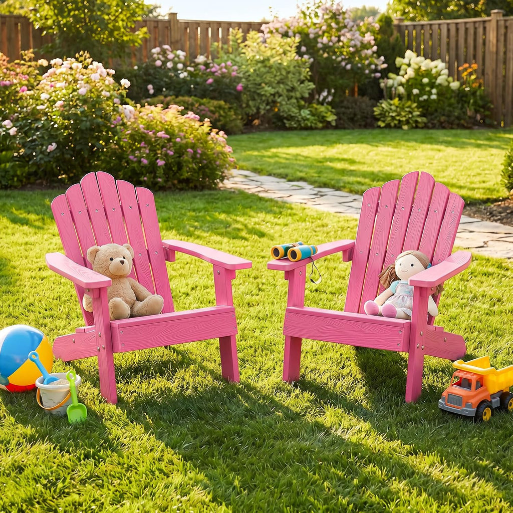 Costzon Kids Adirondack Chair, All-Weather HIPS Toddler Outdoor Chair, Wooden Textured Plastic Fire Pit Chair, Kids Patio Chair for Backyard Lawn Garden, Fits Children Age 3-7 Years (1, Pink)