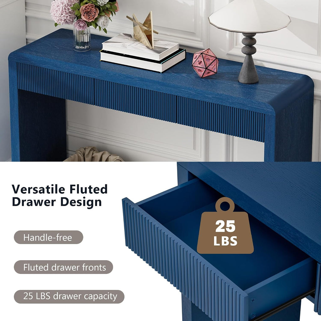 Knocbel Console Table with 3 Fluted Drawers, Rustic Sofa Tables with Solid Wood Veneer & Wood Grain for Entryway Hallway Living Room, 55.1" W x 15.8" D x 29.8" H, Navy