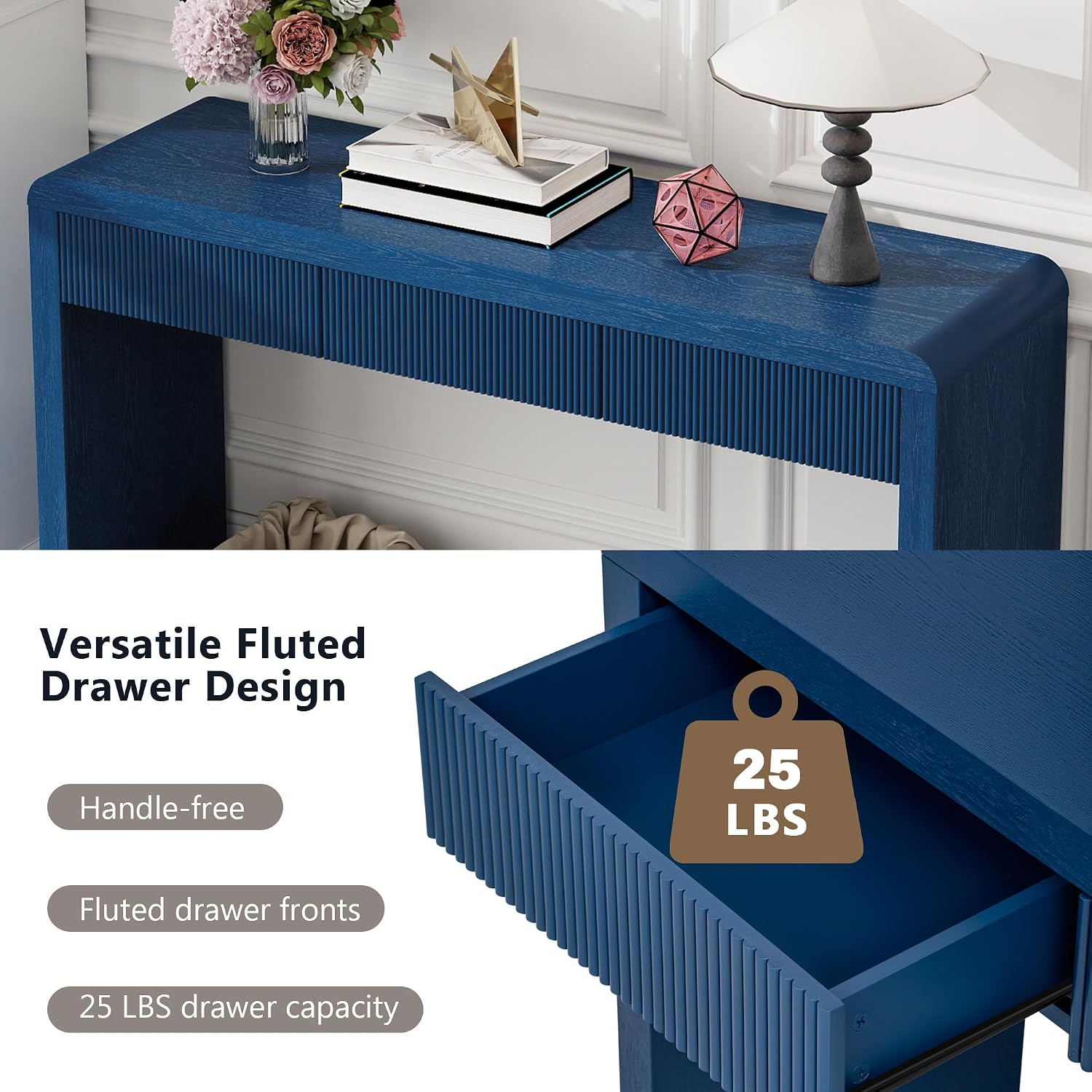 Knocbel Console Table with 3 Fluted Drawers, Rustic Sofa Tables with Solid Wood Veneer & Wood Grain for Entryway Hallway Living Room, 55.1" W x 15.8" D x 29.8" H, Navy