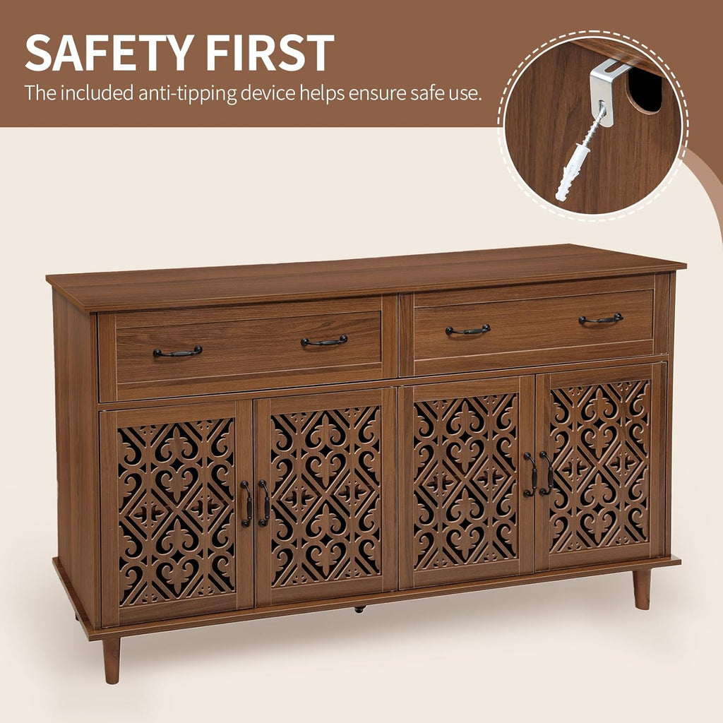 59" Accent Sideboard Buffet Cabinet with Storage,Credenza with Vintage Carved Doors and Adjustable Shelves,Entryway Cabinet,Storage Cabinet for Living Room,Dining Room,Entryway,Walnut