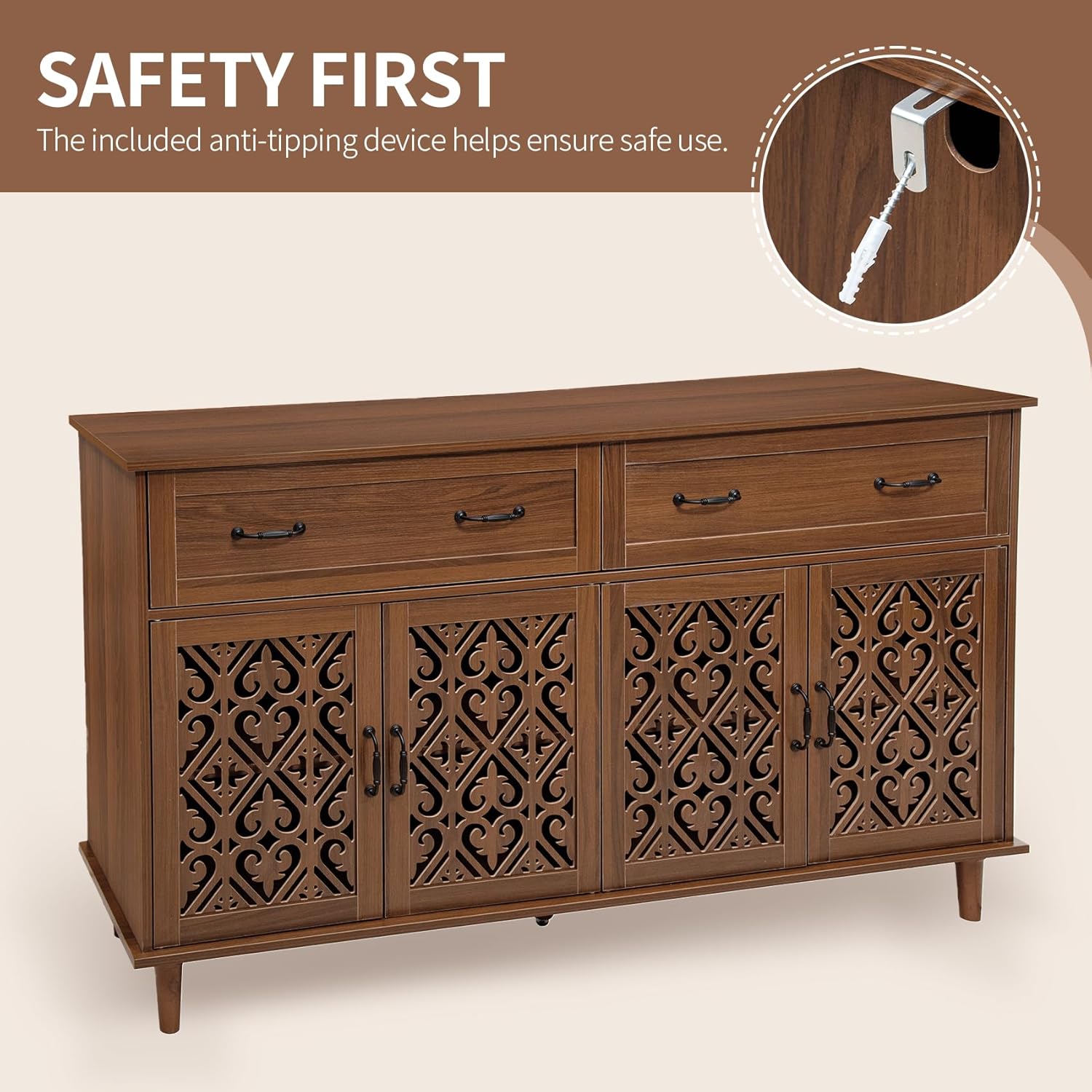 59" Accent Sideboard Buffet Cabinet with Storage,Credenza with Vintage Carved Doors and Adjustable Shelves,Entryway Cabinet,Storage Cabinet for Living Room,Dining Room,Entryway,Walnut