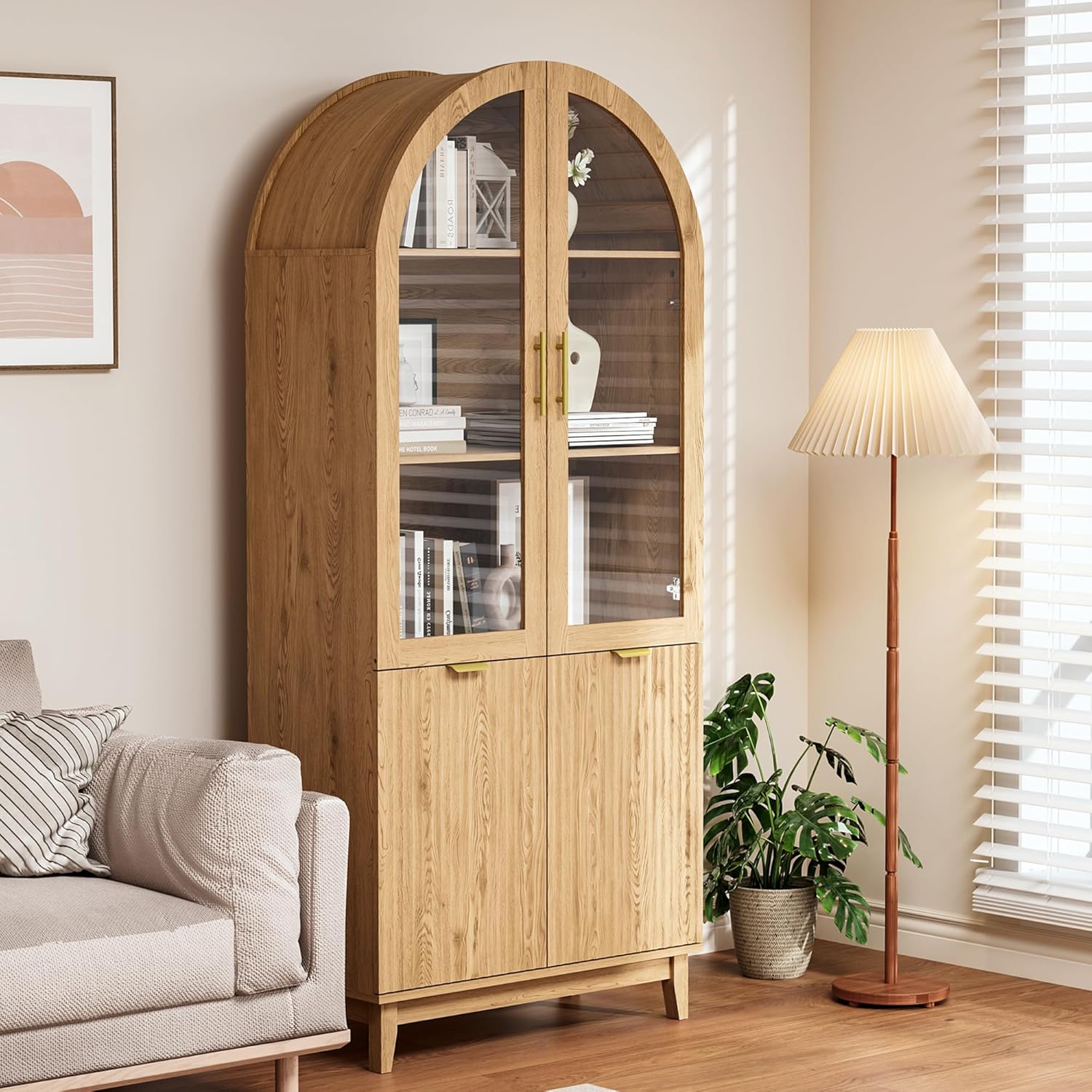 Pamapic 71" Tall Arched Cabinet, Fluted Kitchen Pantry with Glass Doors & Adjustable Shelves, Arch Storage Cabinet, Wooden Pantry for Dining Room, Living Room (Natural)