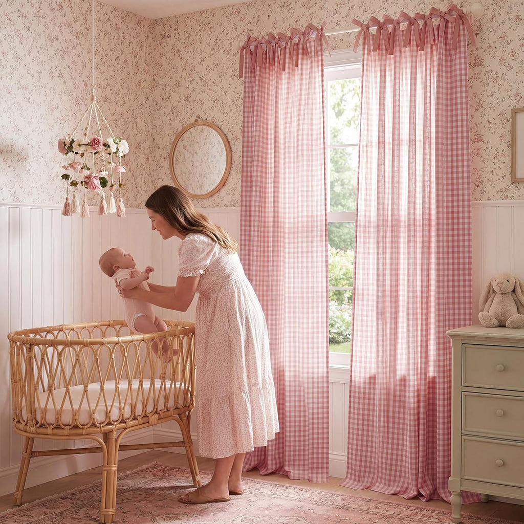 NICETOWN Rose Pink Plaid Curtains for Nursery, Tie Top Bow Knot Checkered Girls Room Window Treatments, Coquette Room Decor Semi Sheer Light Filtering Living Room Drapes, W52 x L84, 2 Panels
