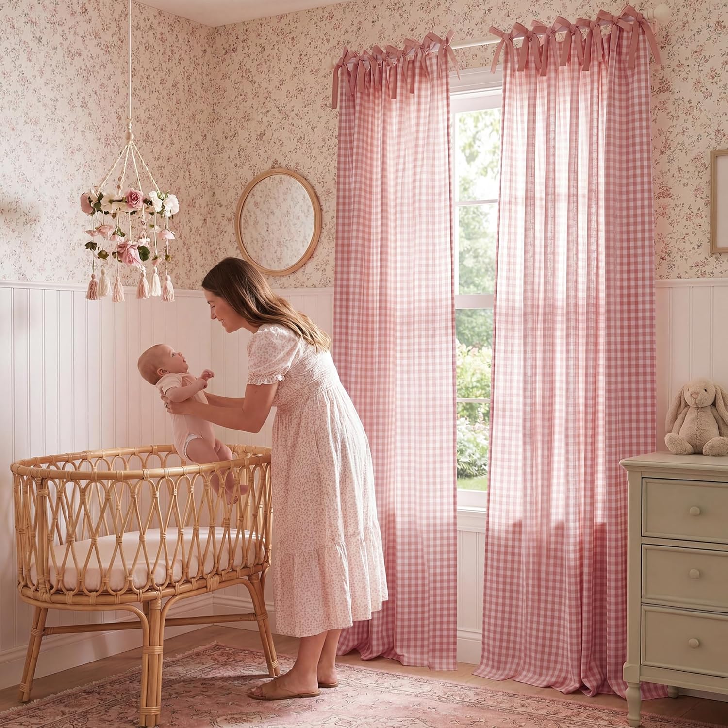 NICETOWN Rose Pink Plaid Curtains for Nursery, Tie Top Bow Knot Checkered Girls Room Window Treatments, Coquette Room Decor Semi Sheer Light Filtering Living Room Drapes, W52 x L84, 2 Panels