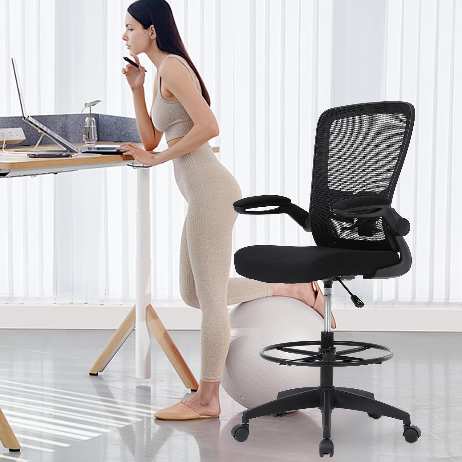 PayLessHere Ergonomic Drafting Chair Tall Office Chair High Adjustable Standing Desk Chair with Lumbar Support Mesh Back Footrest Flip-Up Arms for Office Computer Desk Standing Desk (Black)