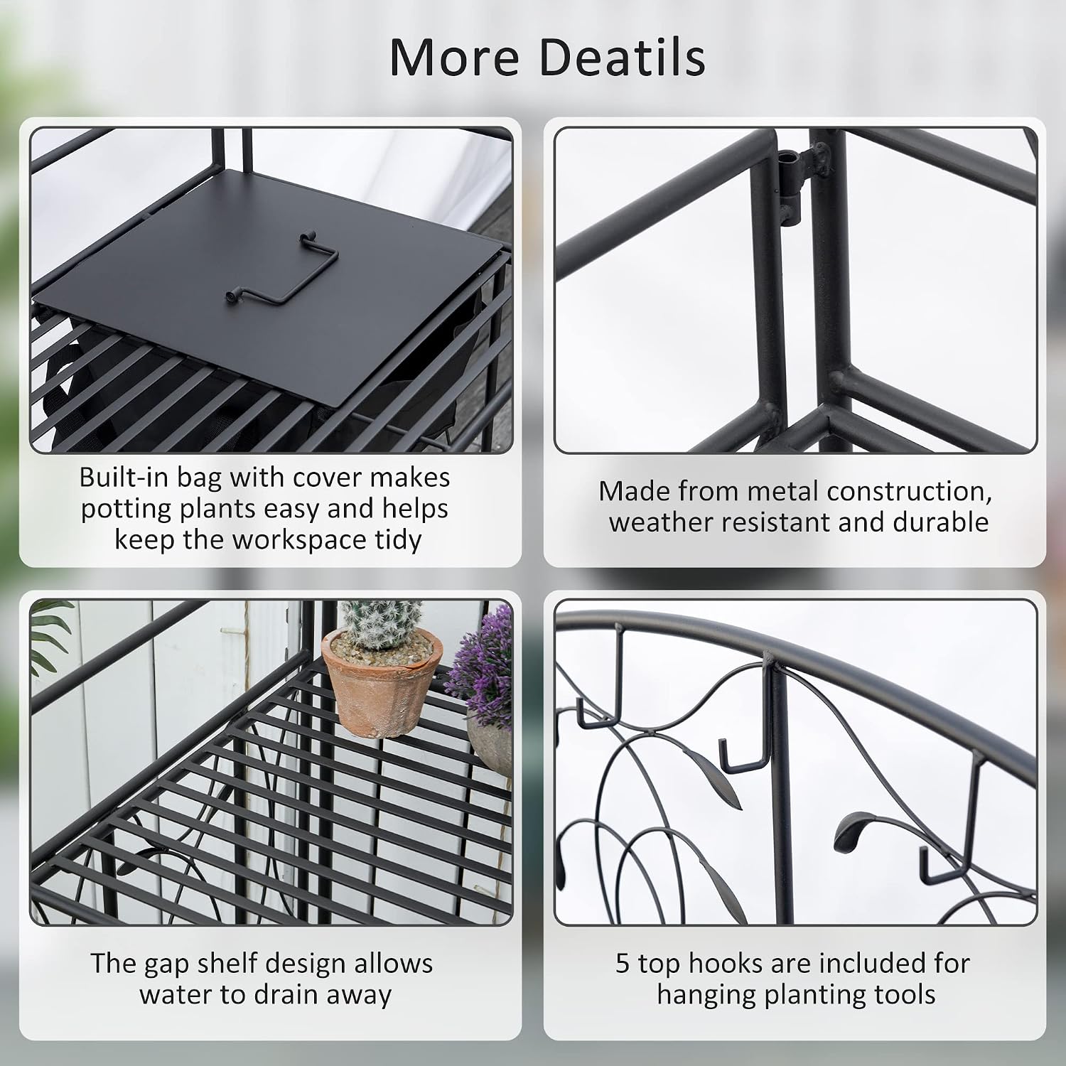 Outsunny Folding Potting Bench Table, Metal Garden Workstation, Work Bench with Large Built-in Bag with Cover, 5 Hanging Hooks & Storage Shelf, Leaf Pattern