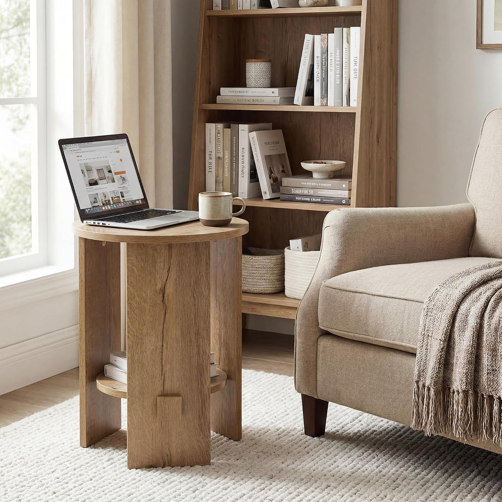 Round End Table with 2-Tier Storage, 15.5” Small Side Table for Living Room, Modern Nightstand with Open Shelf, Compact Accent Table for Bedroom, Sofa Side, Small Spaces (Natural)