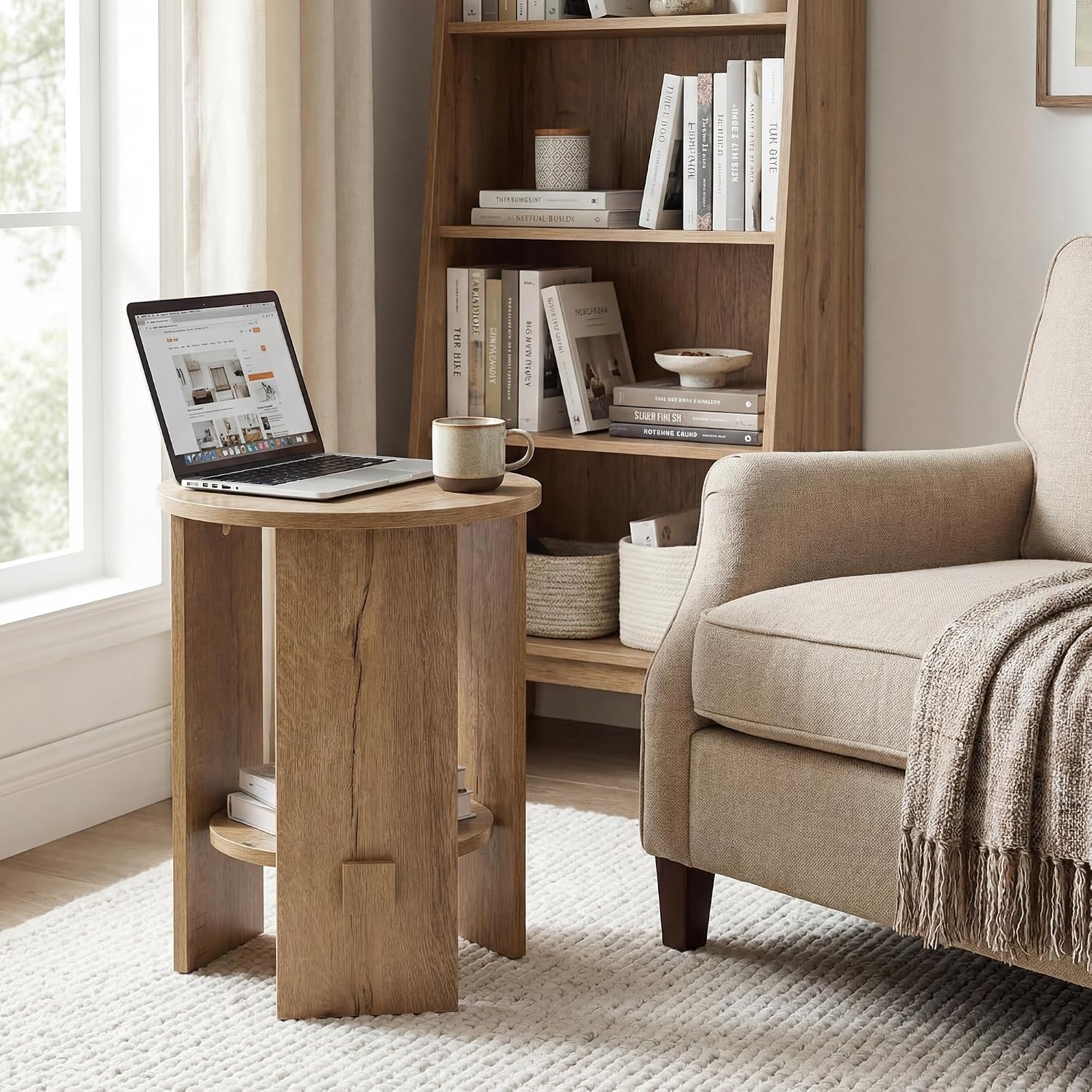 Round End Table with 2-Tier Storage, 15.5” Small Side Table for Living Room, Modern Nightstand with Open Shelf, Compact Accent Table for Bedroom, Sofa Side, Small Spaces (Natural)