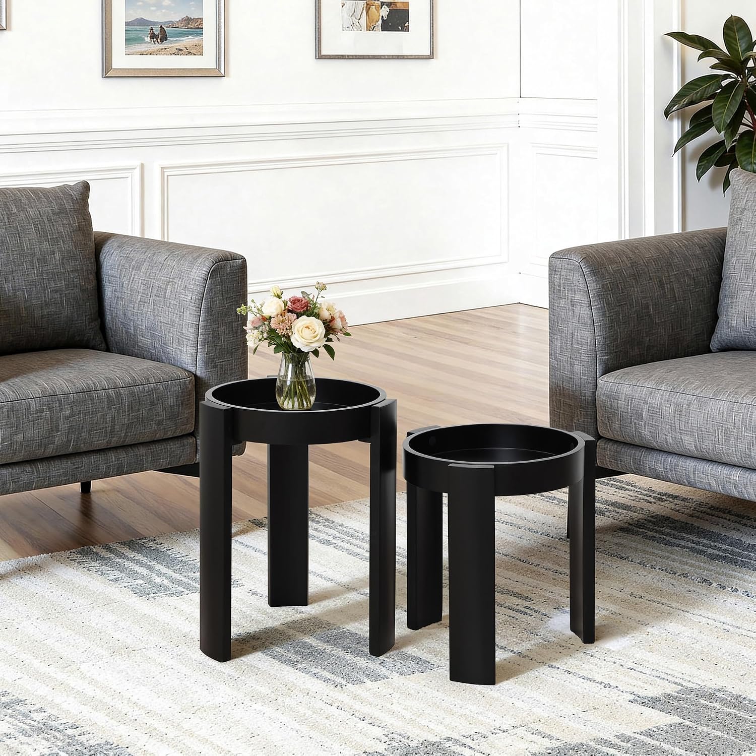 LuxenHome Set of 2 Black Nesting Tables, Space Saving Modern Round Side Table Set for Living Room, Bedroom