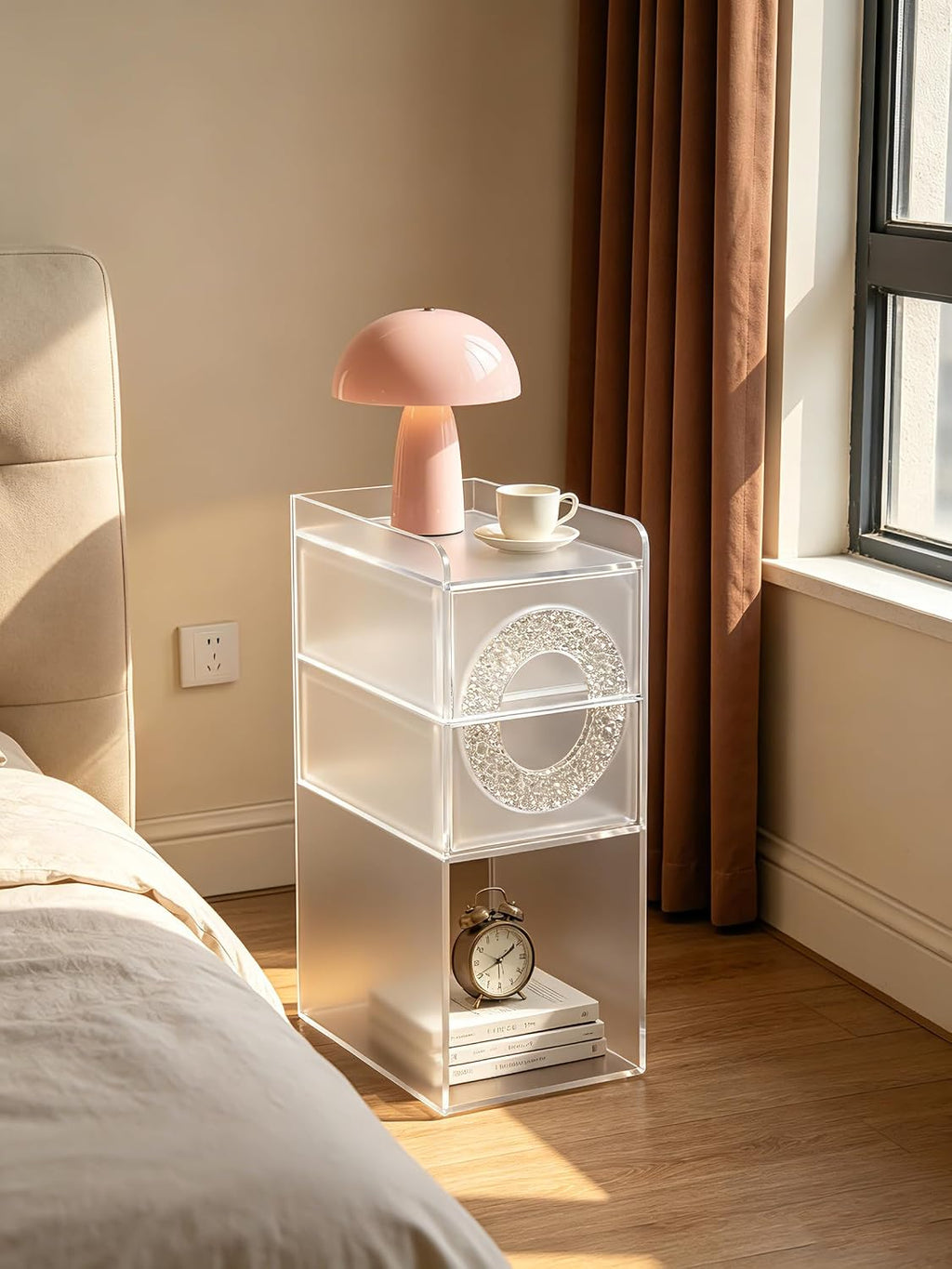 Frosted Acrylic Nightstand with 2 Drawers - Modern Slim Bedside Table for Small Spaces, 9" W x 12.6" D x 22.8" H