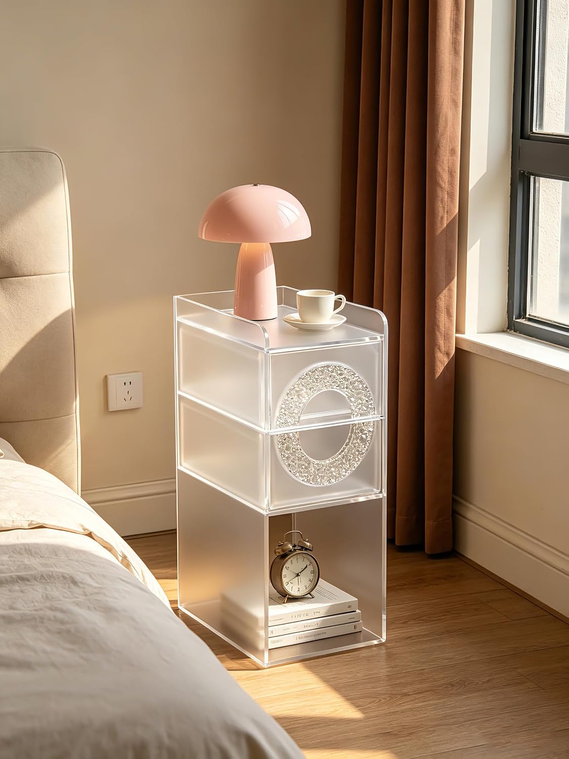 Frosted Acrylic Nightstand with 2 Drawers - Modern Slim Bedside Table for Small Spaces, 9" W x 12.6" D x 22.8" H
