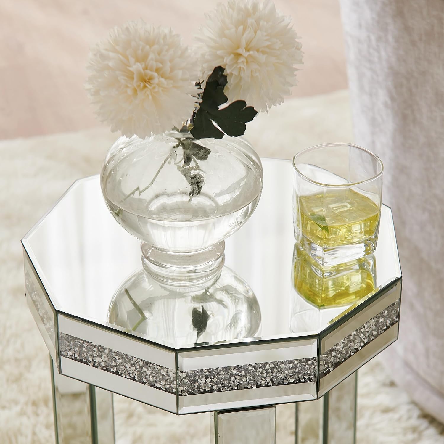 Henf 2-Tiers Silver Mirrored End Table for Small Space, Crystal Decor Mirrored Octagon Side Table Accent Table for Living Room, Octagon Bedside Nightstand for Bedroom, 13.8''x13.8''x21''
