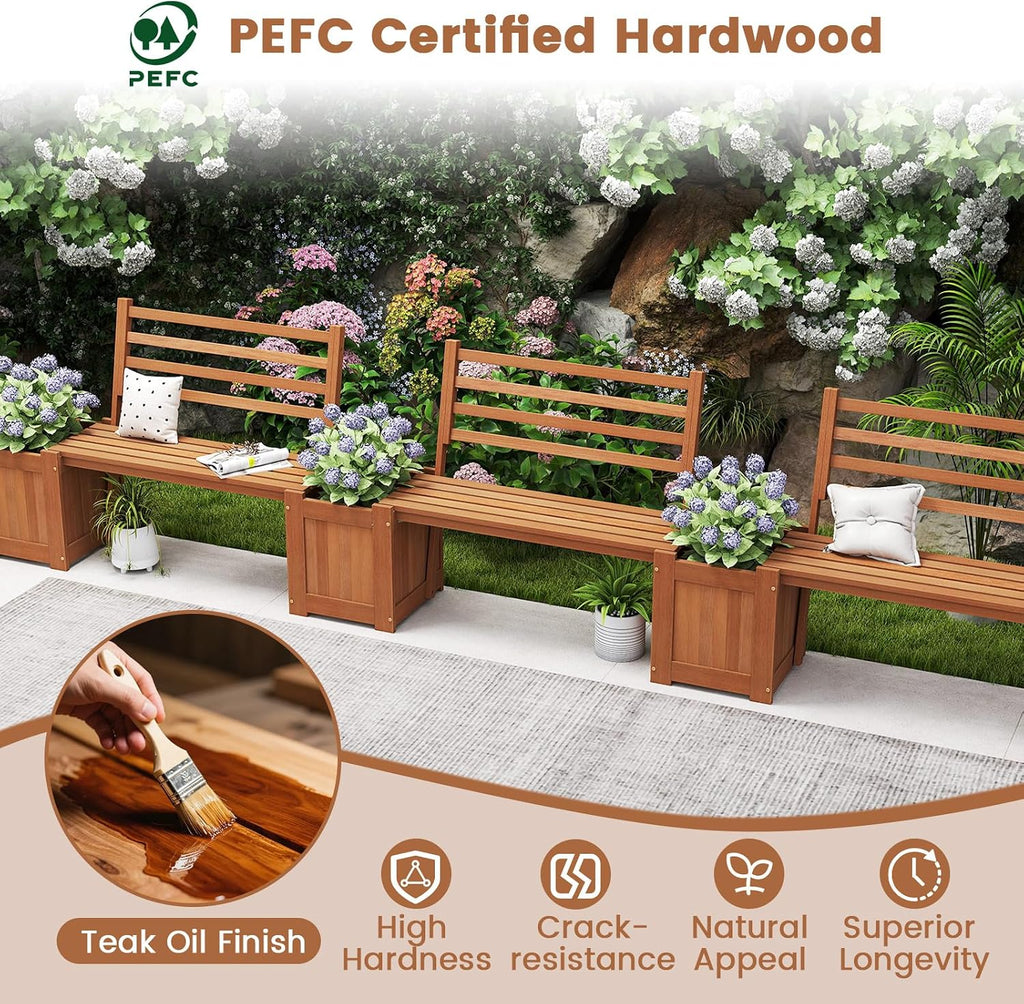 Outdoor Planter Box with Bench, Teak Oil Finish Wood Seat with 2 Open-Ended Base Garden Beds & Backrest, Decorative Plant Container for Yard, Balcony & Porch