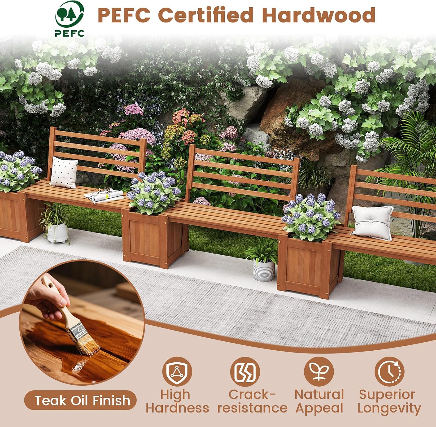 Outdoor Planter Box with Bench, Teak Oil Finish Wood Seat with 2 Open-Ended Base Garden Beds & Backrest, Decorative Plant Container for Yard, Balcony & Porch