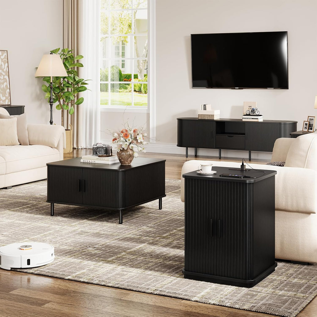 ONBRILL Square End Table with Storage & Charging Station, Fluted Accent Side Table with Sliding Door & Sturdy Pedestal, Mid-Century Modern Nightstand for Small Space, Living Room, Bedroom, Black