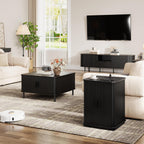 ONBRILL Square End Table with Storage & Charging Station, Fluted Accent Side Table with Sliding Door & Sturdy Pedestal, Mid-Century Modern Nightstand for Small Space, Living Room, Bedroom, Black
