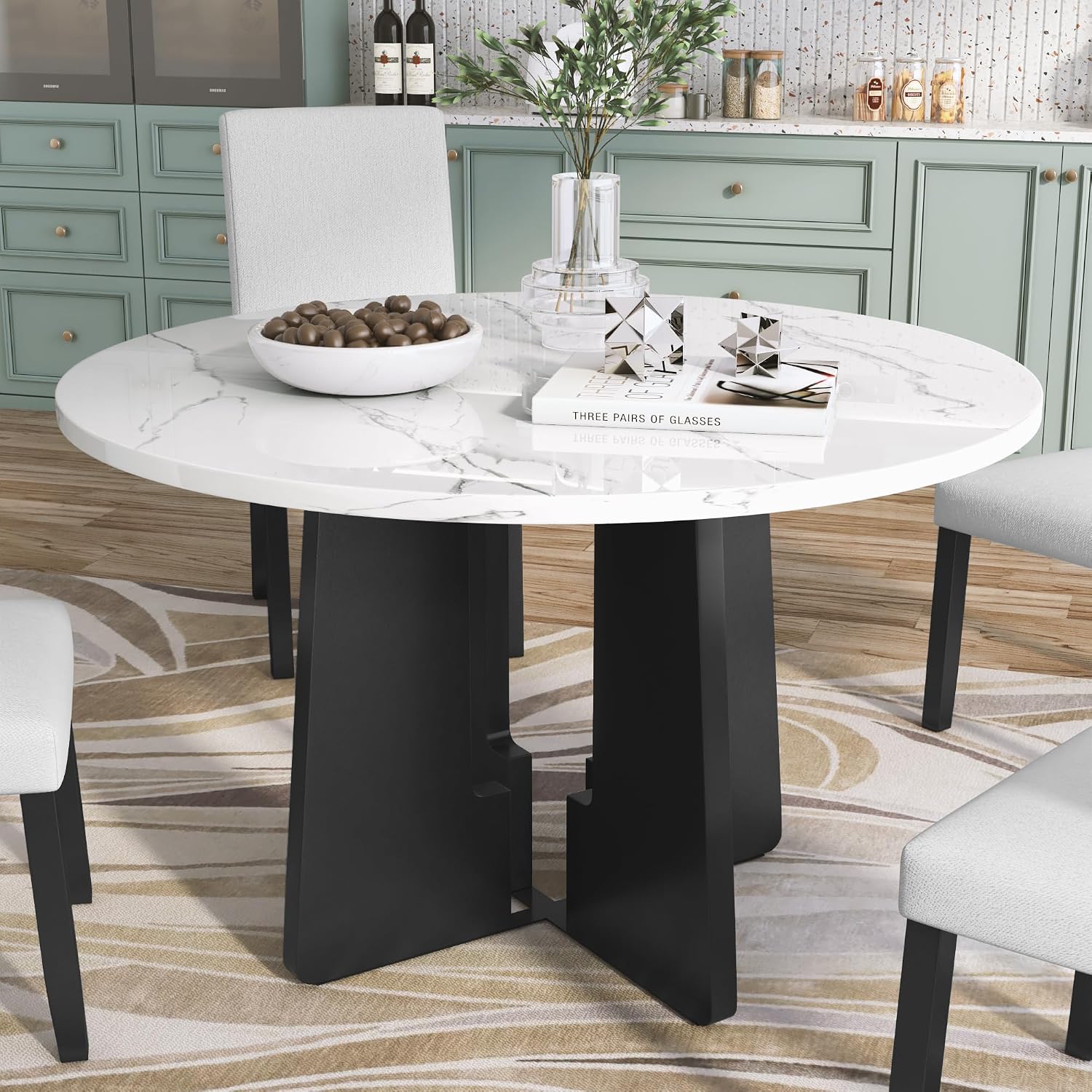 Merax 43 Inch Round Dining Table for 4, Spacious Tabletop Modern Solid and Durable Construction Practical Multi-Purposefor Kitchen Living Room, White+Black
