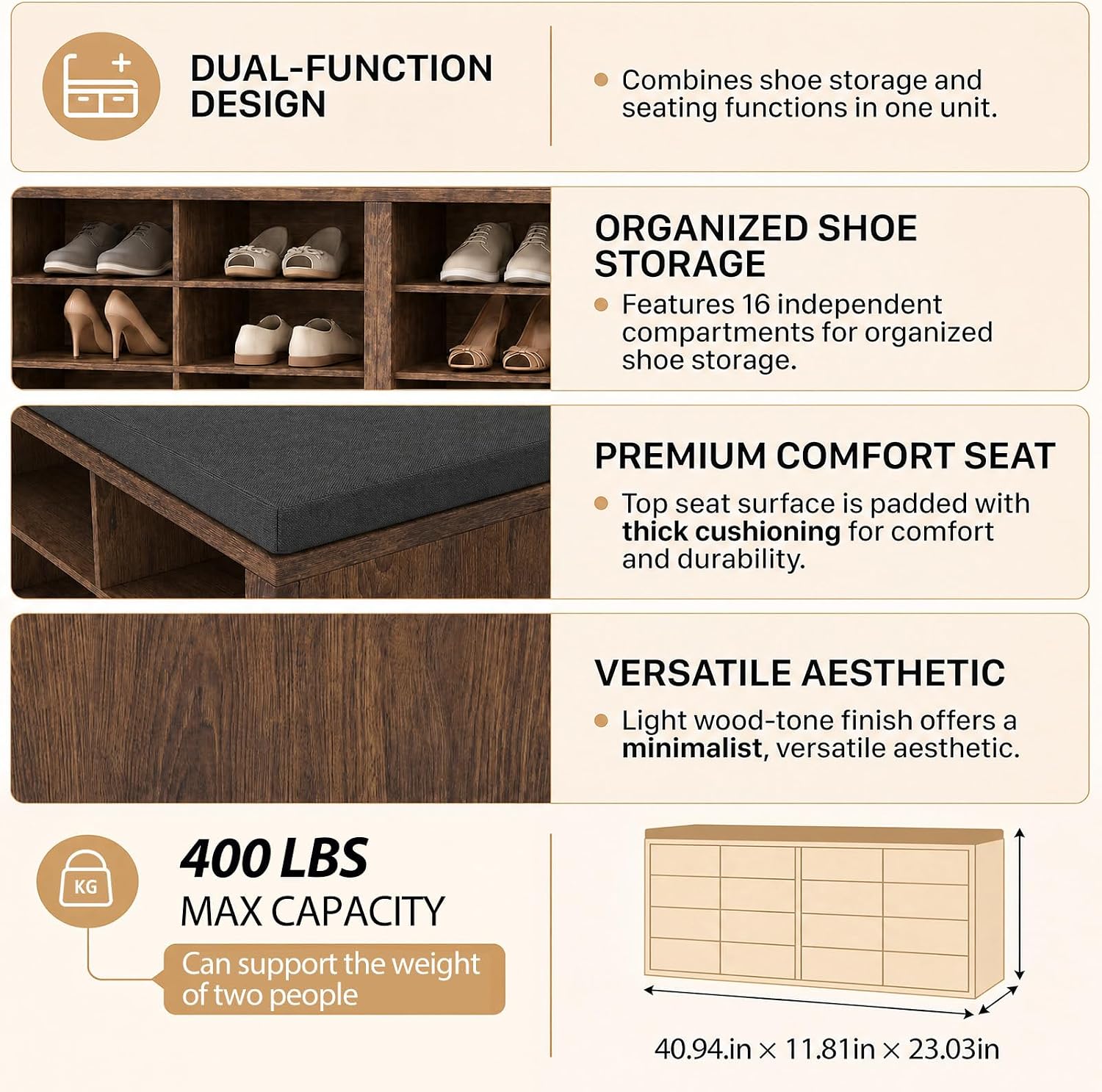 Shoe Rack Bench, Shoe Storage Bench with Cushion, Shoe Organizer 16 Cubbies for Entryway Hallway Bedroom Living Room, Holds Up to 400lbs